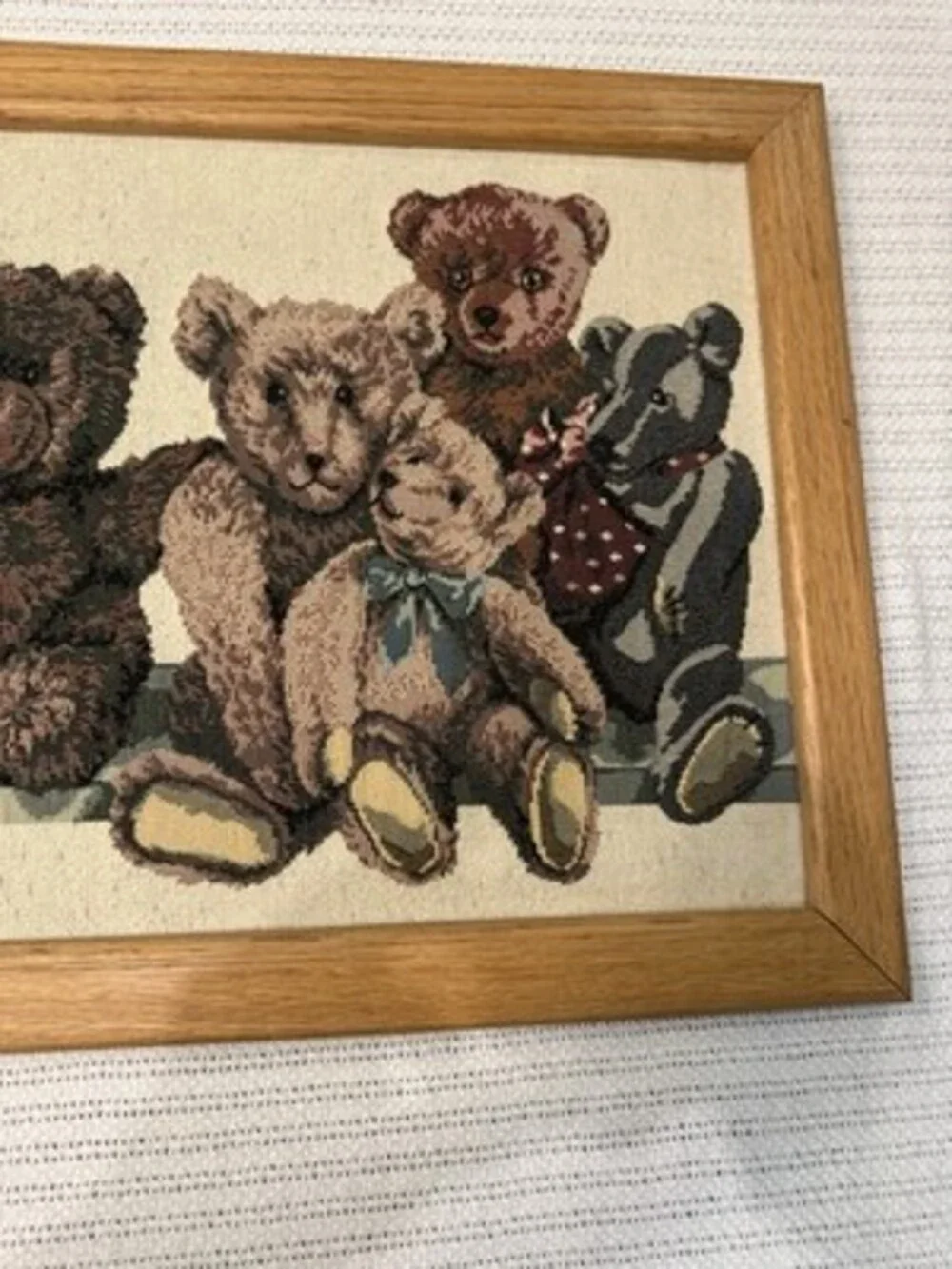 Vintage 90s Dakotah Woven Tapestry Textile Teddy Bears Handmade Oak Frame 36x16